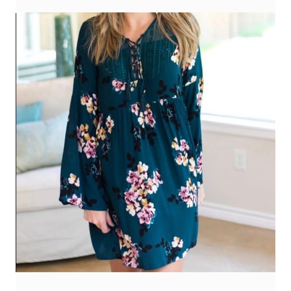Oddy green floral corset lace boho peasant mini y2k sz large dress